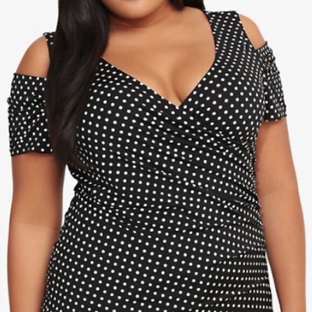 torrid Black & White Polka Dot Cold-Shoulder V-Neck Top